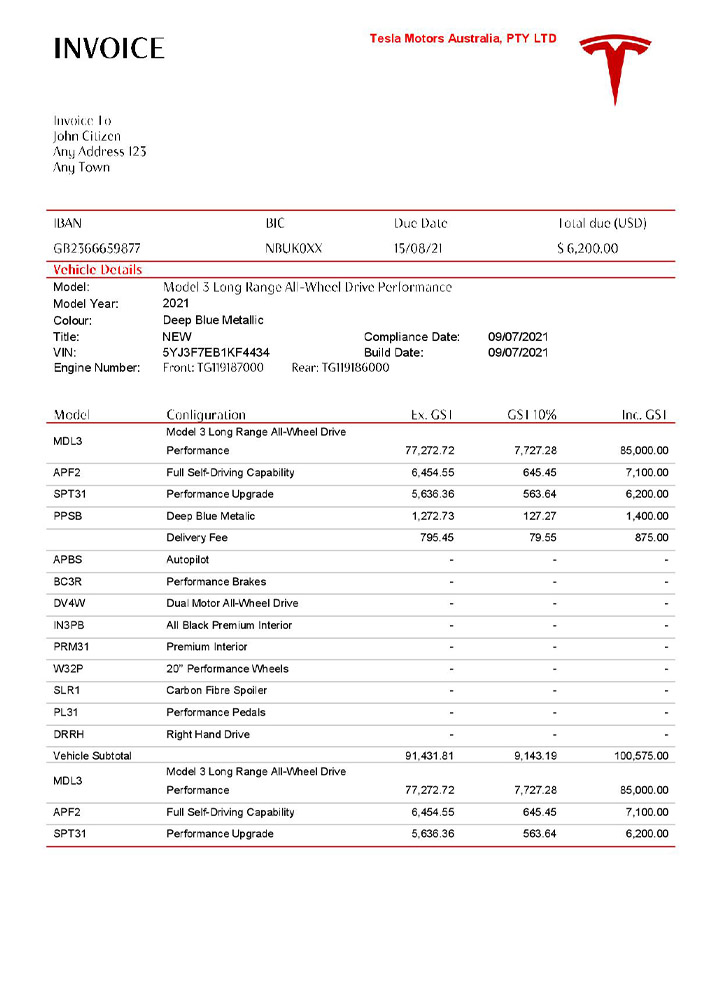 USA Tesla invoice PSD template